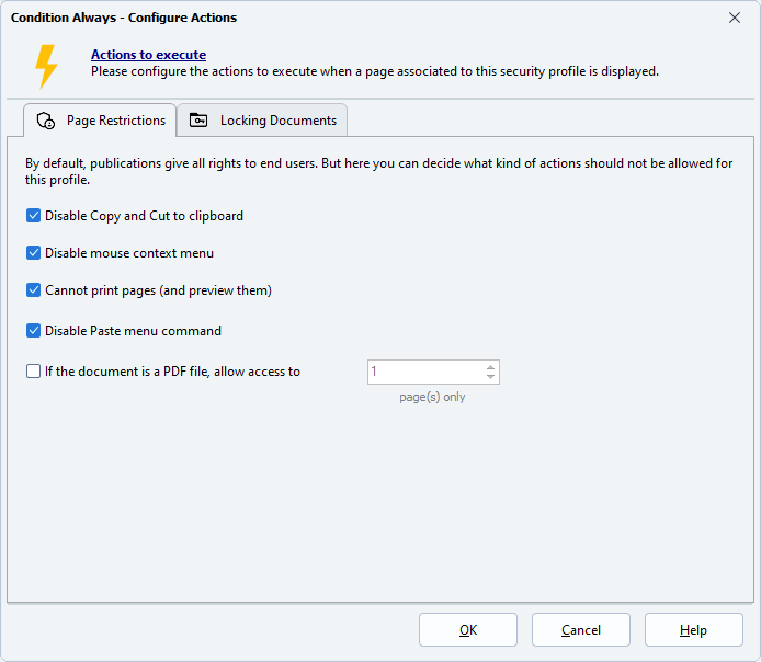 Actions à restreindre pour les utilisateurs